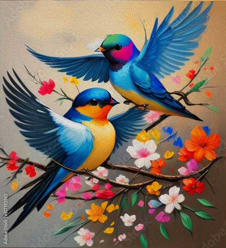 Oil painting  Colorful Swallow with flowers. collection of designer oil paintings. Decoration for interior