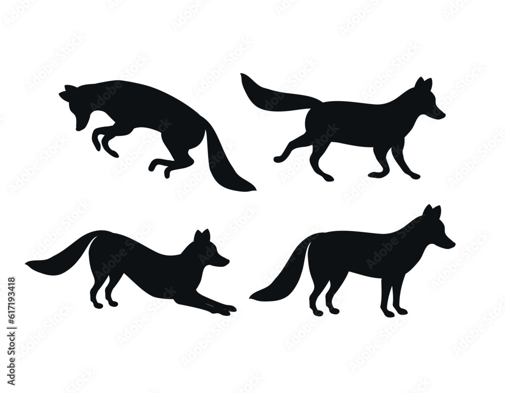 Vector set of flat hand drawn fox silhouette isolated on white background