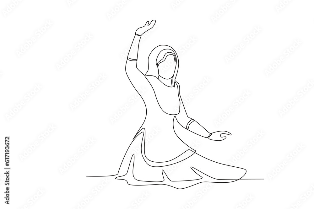 A woman sits celebrating a Teej. Teej one-line drawing A woman sits celebrating a Teej. Teej one-line drawing