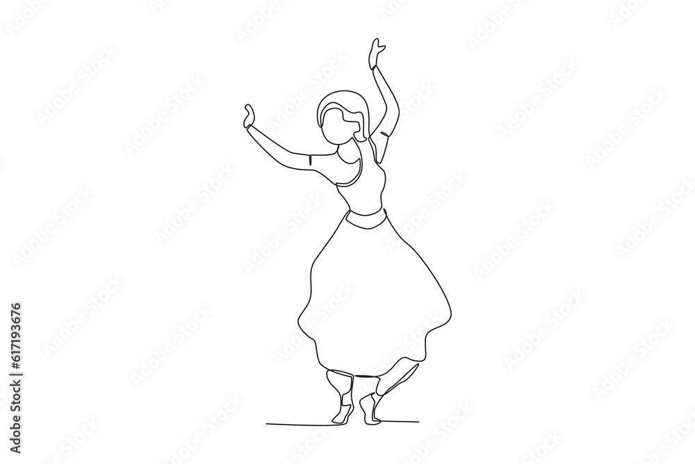 A girl dances beautifully at a Teej celebration. Teej one-line drawing A girl dances beautifully at a Teej celebration. Teej one-line drawing