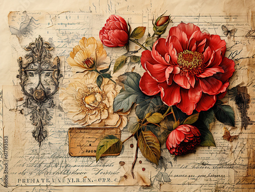 Grungy paper texture. Vintage ephemera background with victorian style flowers and old letters. Generative AI photo