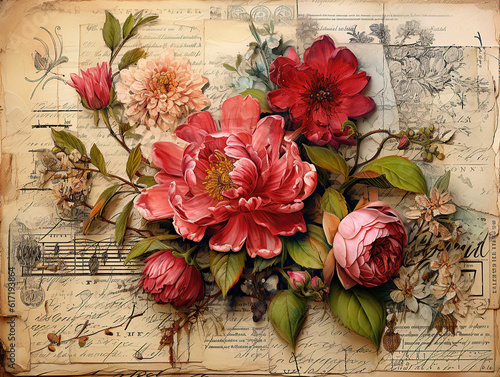 Vintage ephemera background with victorian style flowers and engravings. Old paper texture. Generative AI photo