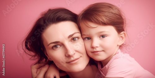 Mother and kid on pink background. Generative AI © VSzili