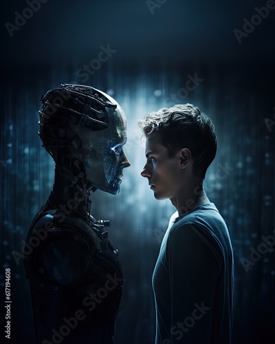 AI vs. Human: A Captivating Stare Down in Dramatic Light. Robot and Human Locked in a Stare Down Contest. Gen AI