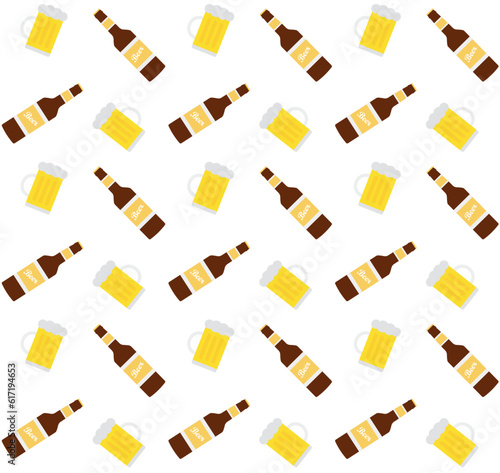 Vector seamless pattern of flat beer bottle and glass isolated on white background
