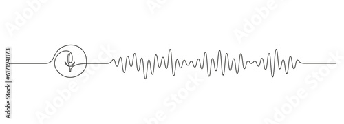One continuous line drawing of music player soundbar with microphone button. Record audio and sound wave voice message in simple linear style. Editable stroke. Doodle vector illustration