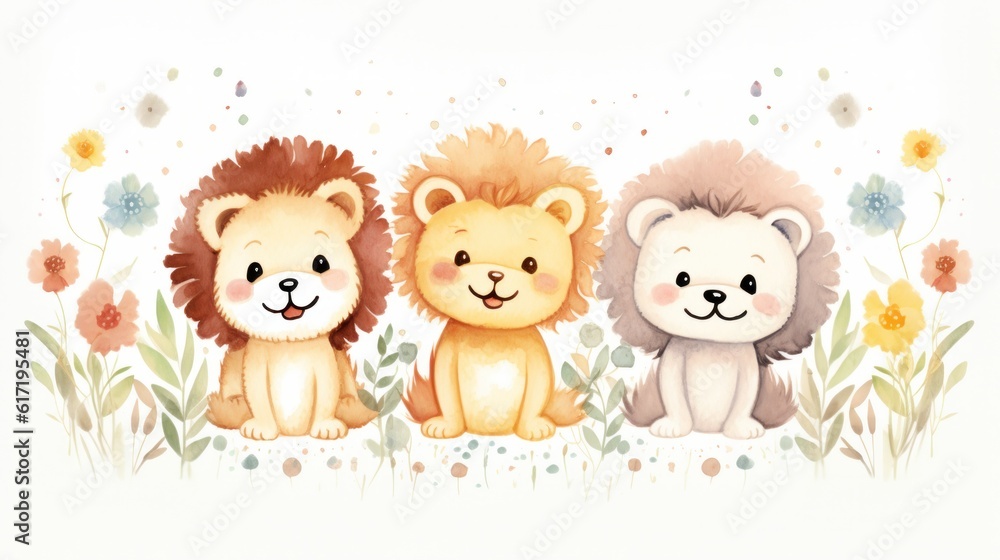 Children's book illustration poster with happy lions in watercolor style