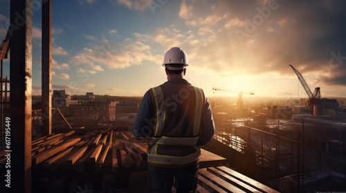 Construction worker engineer facing industrial landscape at sunset