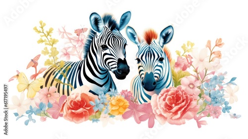 Children's book illustration poster with happy zebras in watercolor style