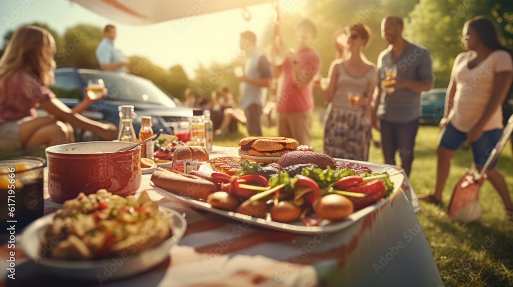Group of people having a BBQ party with grilled meat and sausages