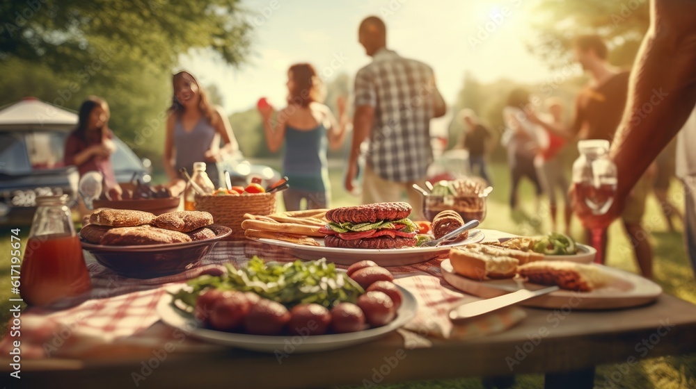 Group of people having a BBQ party with grilled meat and sausages