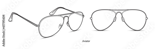 Aviator frame glasses fashion accessory illustration. Sunglass front and 3-4 view for Men, women, unisex silhouette style, flat rim spectacles eyeglasses with lens sketch outline isolated on white