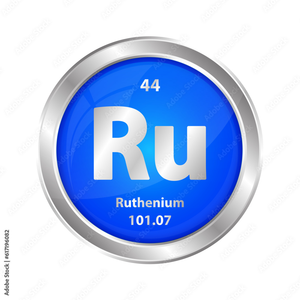 Icon structure Ruthenium (Ru) chemical element round shape circle blue. Chemical element of the periodic table. Sign with atomic number. Study in science for education. 3D vector illustration.