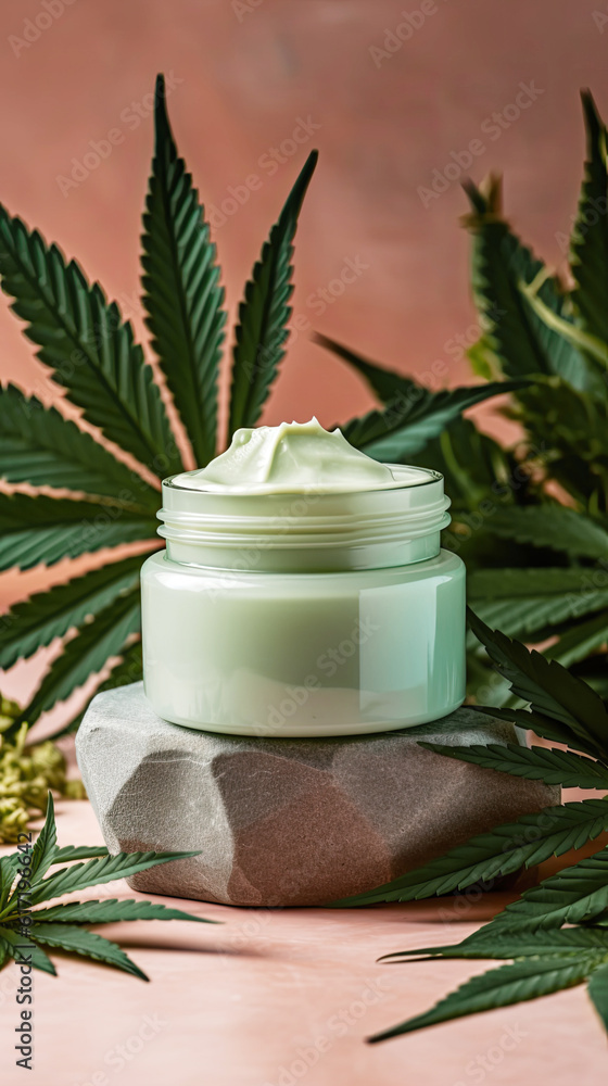 Green jar of face cream stands on a podium for a still shot, surrounded by marijuana leaves Green jar of face cream stands on a podium for a still shot, surrounded by marijuana leaves