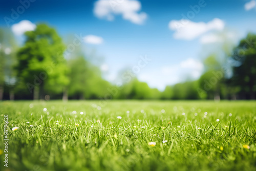 Blurred background image of spring nature with a neatly trimmed lawn surrounded by trees against a blue sky with clouds on a bright sunny day.