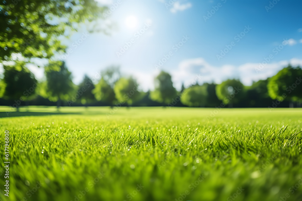 Blurred background image of spring nature with a neatly trimmed lawn surrounded by trees against a blue sky with clouds on a bright sunny day.