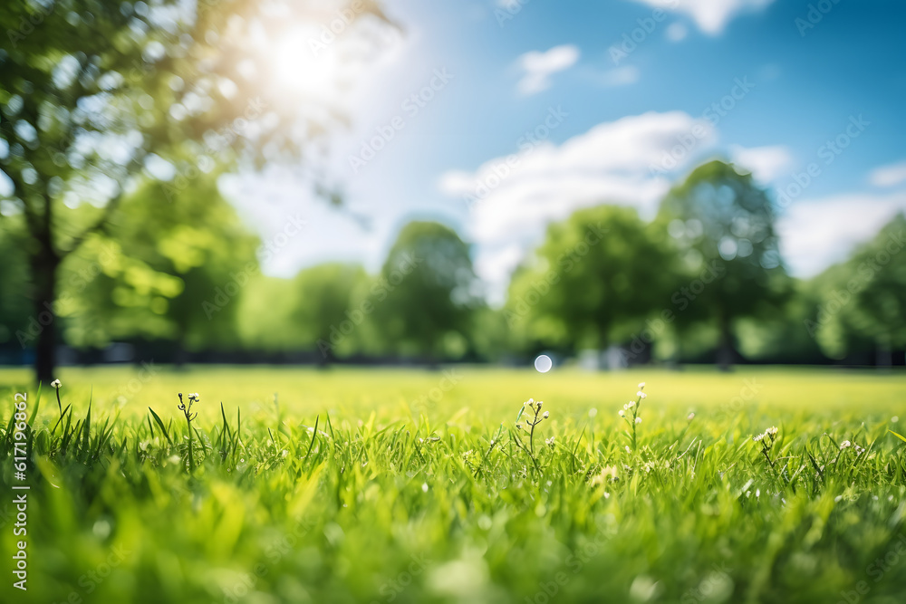 Blurred background image of spring nature with a neatly trimmed lawn surrounded by trees against a blue sky with clouds on a bright sunny day. Blurred background image of spring nature with a neatly trimmed lawn surrounded by trees against a blue sky with clouds on a bright sunny day.