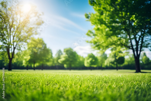 Blurred background image of spring nature with a neatly trimmed lawn surrounded by trees against a blue sky with clouds on a bright sunny day.