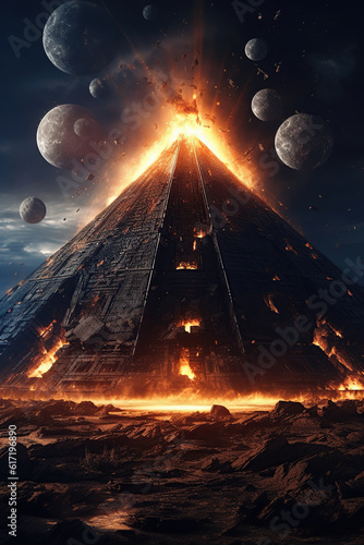 a giant pyramid floating with fire runes, several ships, alien invasion, dark sky. AI generated image.