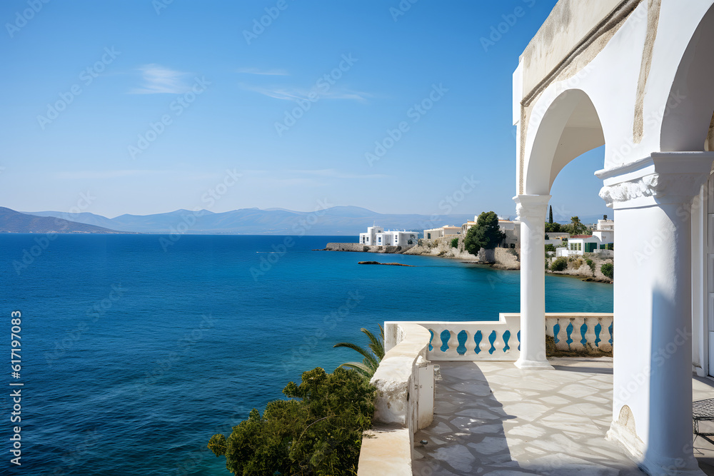 Obraz premium Landscape in Greece. View of the sea in the background with typical Greek architecture in the foreground. Steps down to the sea. Beautiful light. Very detailed. Discreet vegetation.