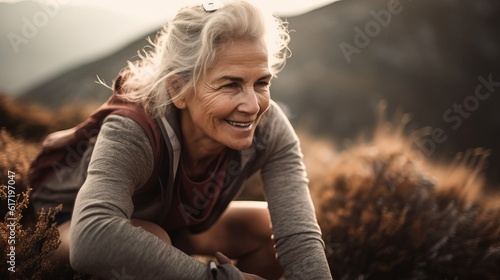 Happy female hiker smiling while standing alone. Cheerful mature woman carrying a backpack and standing on a hilltop. Adventurous backpacker enjoying a hike at sunset.