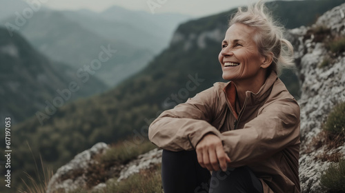 Happy female hiker smiling while standing alone. Cheerful mature woman carrying a backpack and standing on a hilltop. Adventurous backpacker enjoying a hike at sunset.