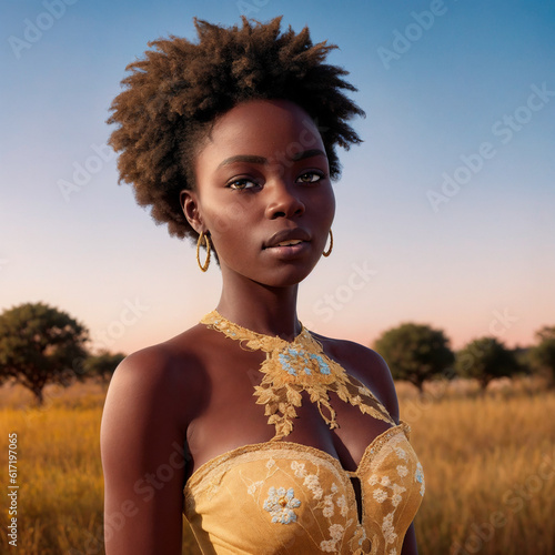 Foto de una bella mujer africana de ojos claros en el atardecer
