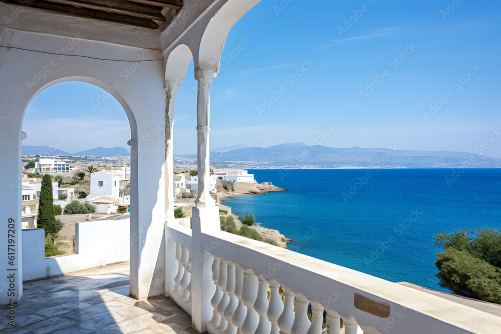 Obraz premium Landscape in Greece. View of the sea in the background with typical Greek architecture in the foreground. Steps down to the sea. Beautiful light. Very detailed. Discreet vegetation.
