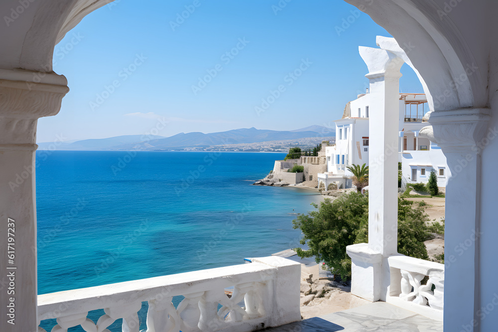 Fototapeta premium Landscape in Greece. View of the sea in the background with typical Greek architecture in the foreground. Steps down to the sea. Beautiful light. Very detailed. Discreet vegetation.