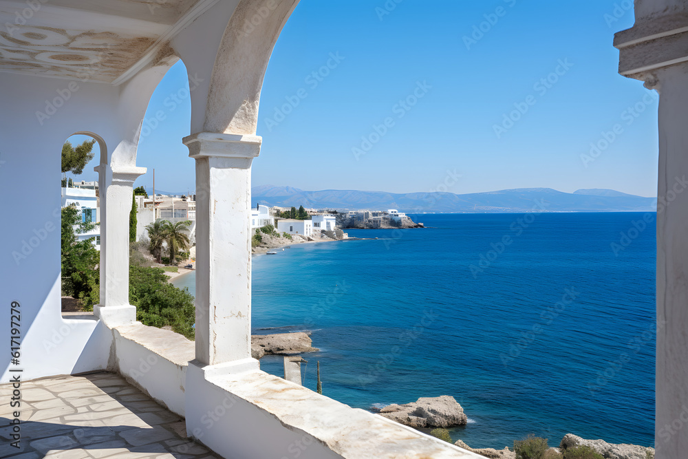 Fototapeta premium Landscape in Greece. View of the sea in the background with typical Greek architecture in the foreground. Steps down to the sea. Beautiful light. Very detailed. Discreet vegetation.