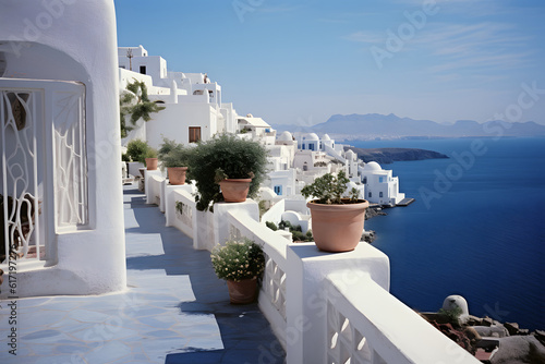 Landscape in Greece. View of the sea in the background with typical Greek architecture in the foreground. Steps down to the sea. Beautiful light. Very detailed. Discreet vegetation.