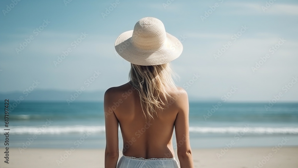 Beautiful young woman on a sandy tropical sea beach, view from the back. Generative AI