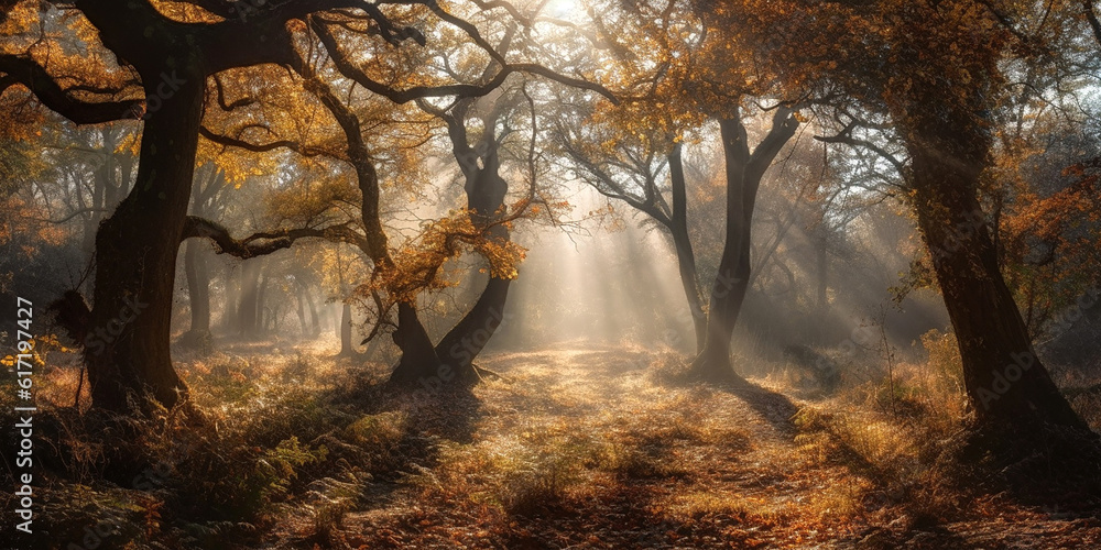 Fototapeta premium Landscape of autumn deciduous forest in sunny and slightly foggy weather. Generative AI