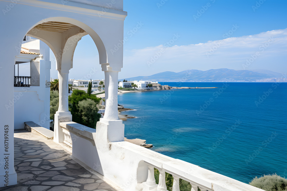 Landscape in Greece. View of the sea in the background with typical Greek architecture in the foreground. Steps down to the sea. Beautiful light. Very detailed. Discreet vegetation.