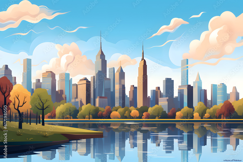 Naklejka premium skyscraper skyline panorama view in minimalistic painted design 