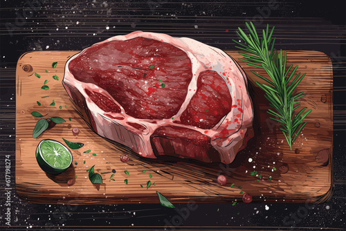 raw beef steak with rosemary