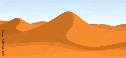 Desert landscape with blue sky. Vector background of sand dunes. Hot dry deserted nature background with sandy hills in cartoon style. Flat vector illustration