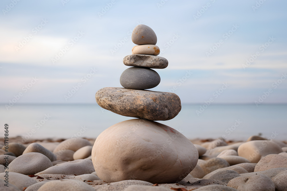 Balanced stone tower on pebble beach with soft evening sky backdrop Balanced stone tower on pebble beach with soft evening sky backdrop