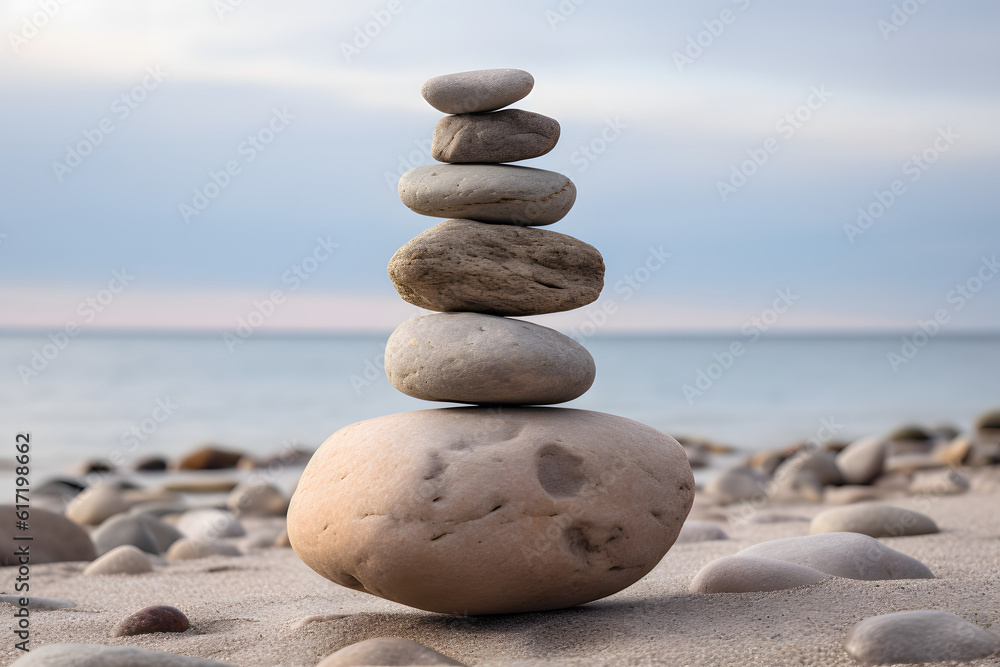 Stacked smooth stones balance by the calm sea under a clear sky Stacked smooth stones balance by the calm sea under a clear sky
