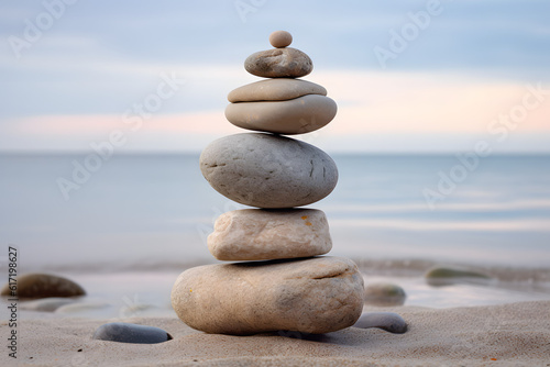 Balanced stone tower on sandy beach with gentle waves and soft horizon