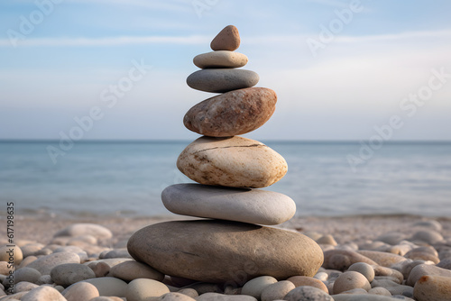 Stacked stones on a pebble beach with a calm sea in the background