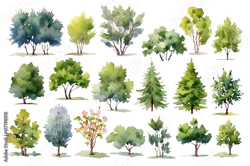 set of different watercolor trees on white background  isolated drawings of trees on transparent background  clipart green trees  generative ai