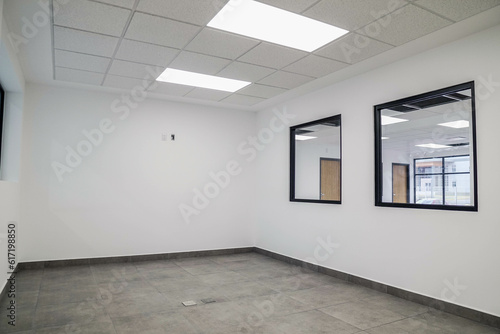 Door of warehouse storages  perfect render room  windows and soft lights rooms 