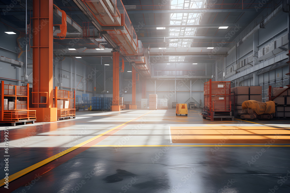 clean warehouse indoor with sunlight coming from roof window clean warehouse indoor with sunlight coming from roof window
