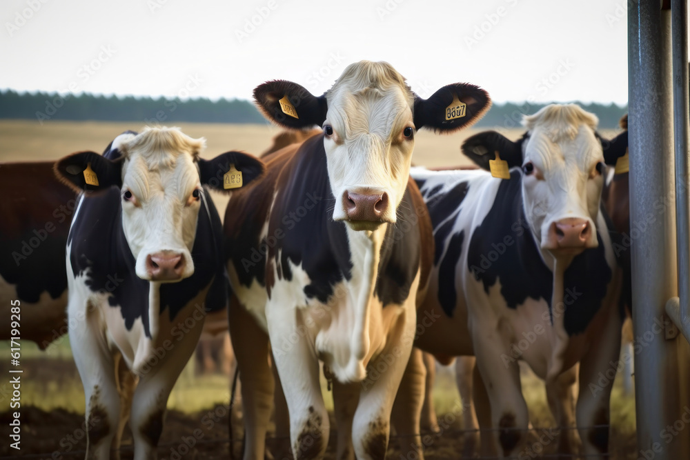 Black and white Holstein cow with a gentle look and pink nose standing in front of a metal fence, surrounded by cattle on a sunny day. AI Generative.
