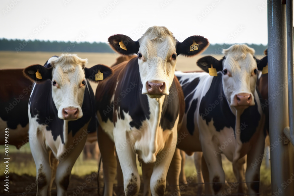 Black and white Holstein cow with a gentle look and pink nose standing in front of a metal fence, surrounded by cattle on a sunny day. AI Generative. Black and white Holstein cow with a gentle look and pink nose standing in front of a metal fence, surrounded by cattle on a sunny day. AI Generative.