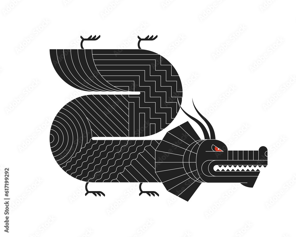 Abstract geometric Chinese dragon zodiac black symbol with art linear pattern. Asian sacred bauhaus style modern shape symbol design of goodness and power. Japanese ancient animal vector illustration