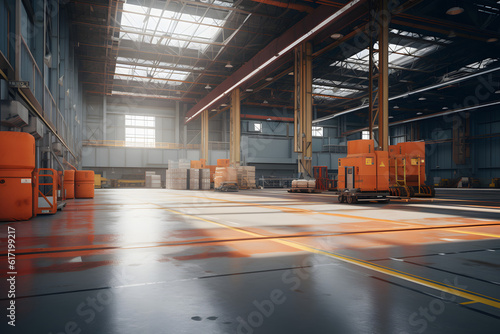 clean warehouse indoor with sunlight coming from roof window photo