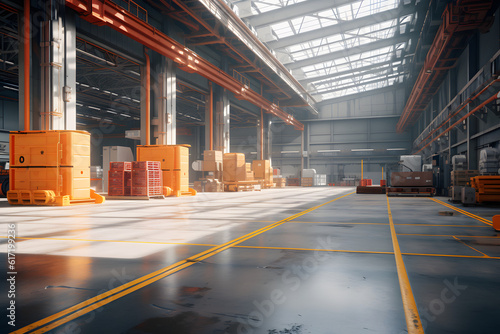 clean warehouse indoor with sunlight coming from roof window photo