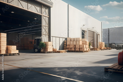 Warehouse exterior with wooden pallets and a parked truck under a sunny sky photo